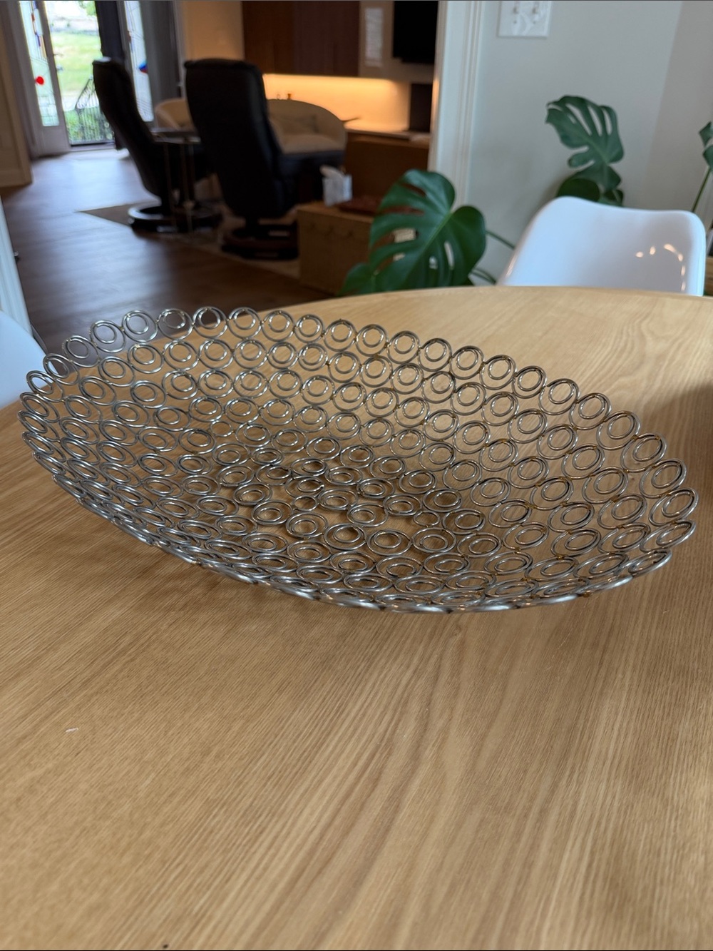 Large Sculptural joined Metal Ring Centerpiece Bowl 18” Silver Tone Gold accents